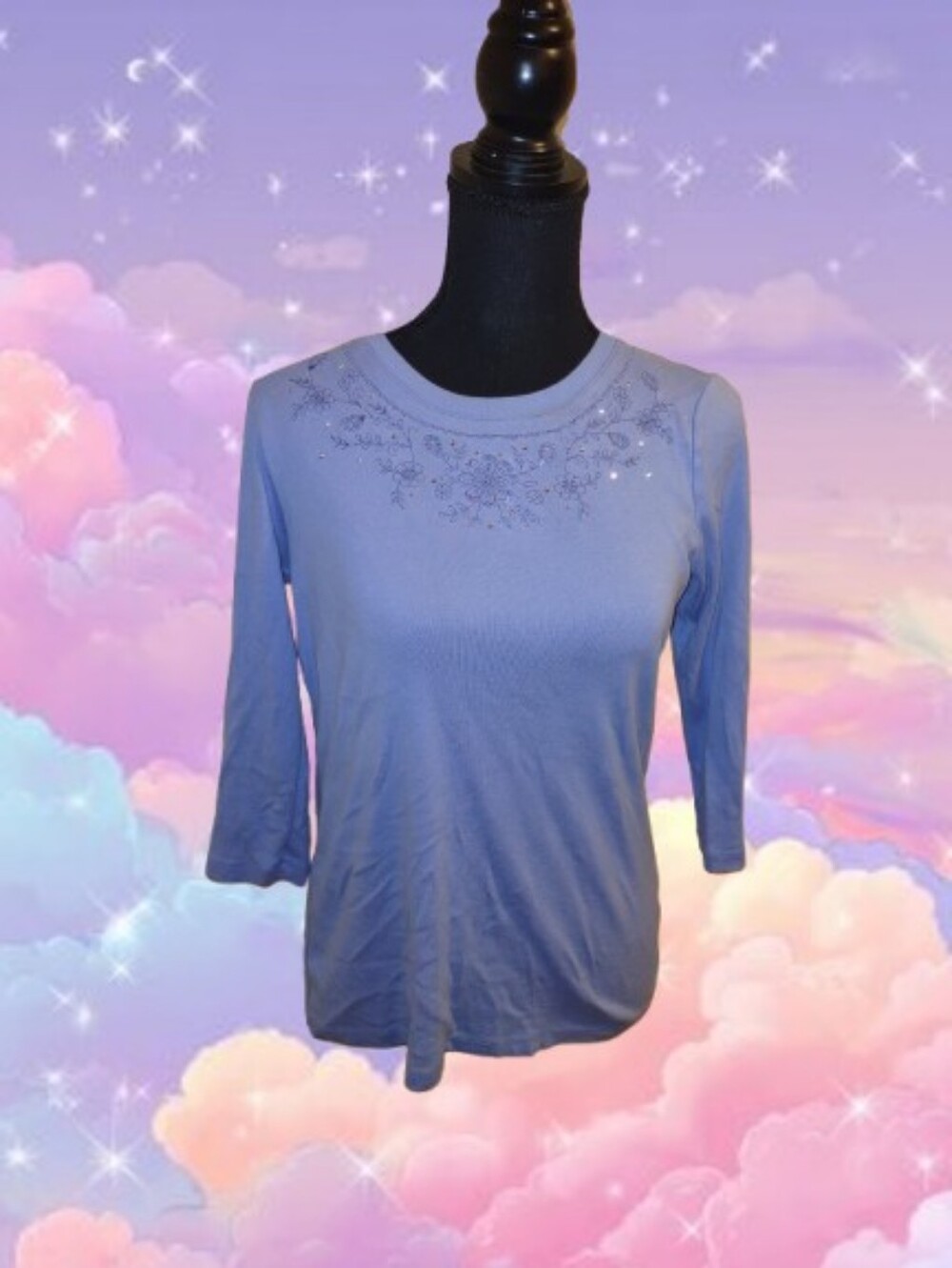 Whimsical Blue Top with Swirl Embellished Neckline